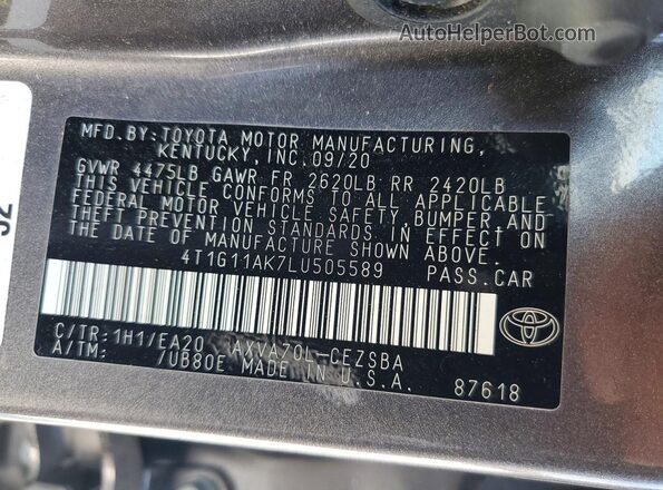 4T1G11AK7LU505589 2020 TOYOTA CAMRY Gray Շարժիչի բաժամունքի տեսք