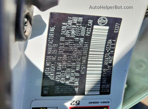 4T1G11AK8LU865941 2020 TOYOTA CAMRY White Vista del compartimento del motor