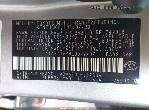 4T1G11AK8LU972407 2020 TOYOTA CAMRY Silver Շարժիչի բաժամունքի տեսք
