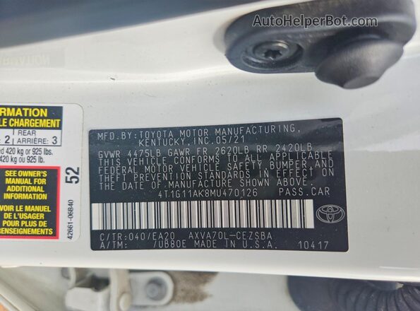4T1G11AK8MU470126 2021 TOYOTA CAMRY White Engine compartment view