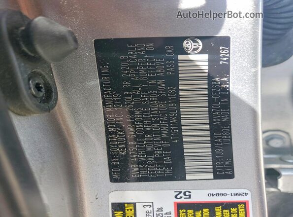 4T1G11AK9LU911082 2020 TOYOTA CAMRY Silver Շարժիչի բաժամունքի տեսք