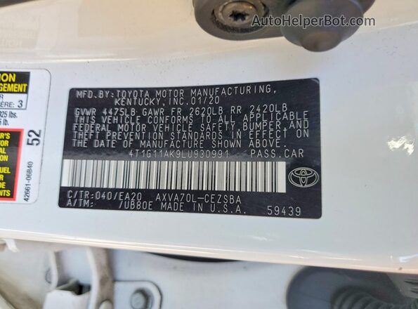 4T1G11AK9LU930991 2020 TOYOTA CAMRY White Widok naklejki z numerem VIN
