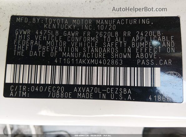 4T1G11AKXMU402863 2021 TOYOTA CAMRY White ძრავის განყოფილების ხედი