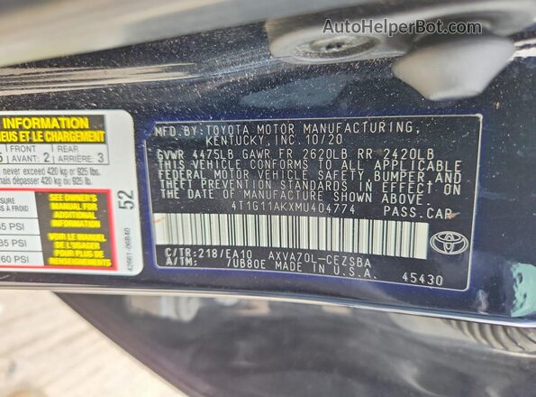 4T1G11AKXMU404774 2021 TOYOTA CAMRY Black VIN კოდის სტიკერის ხედი