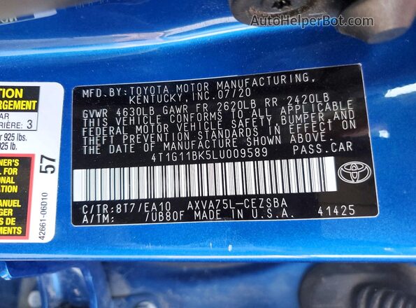 4T1G11BK5LU009589 2020 TOYOTA CAMRY Blue ძრავის განყოფილების ხედი