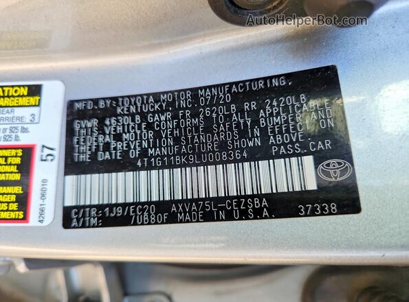 4T1G11BK9LU008364 2020 TOYOTA CAMRY Silver Շարժիչի բաժամունքի տեսք