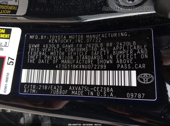 4T1G11BKXNU072299 2022 TOYOTA CAMRY Black Вид підкапотного простору