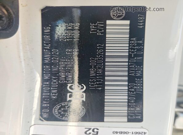 4T1J11AK2LU352612 2020 TOYOTA CAMRY White Vista del compartimento del motor
