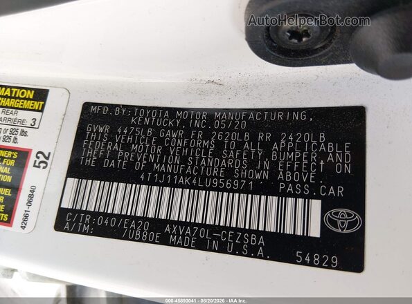 4T1J11AK4LU956971 2020 TOYOTA CAMRY White Vista del compartimento del motor