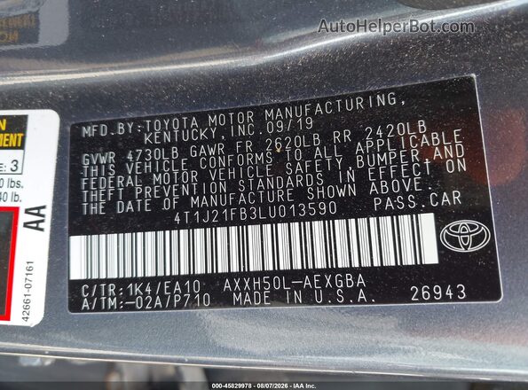 4T1J21FB3LU013590 2020 TOYOTA AVALON HYBRID Gray Vista del compartimento del motor