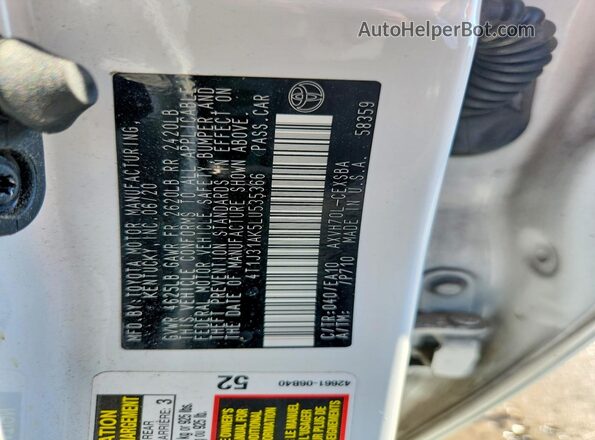 4T1J31AK5LU535366 2020 TOYOTA CAMRY White Widok naklejki z numerem VIN