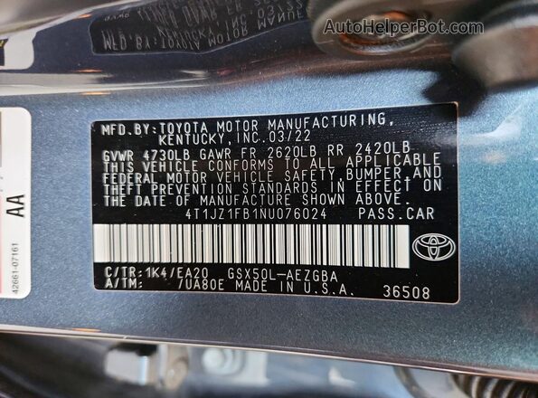 4T1JZ1FB1NU076024 2022 TOYOTA AVALON Угольный Вид подкапотного пространства