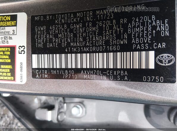 4T1K31AK0RU071660 2024 TOYOTA CAMRY HYBRID Серый Вид подкапотного пространства