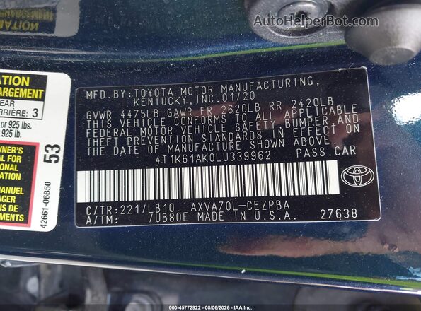 4T1K61AK0LU339962 2020 TOYOTA CAMRY Dark Blue Вид подкапотного пространства