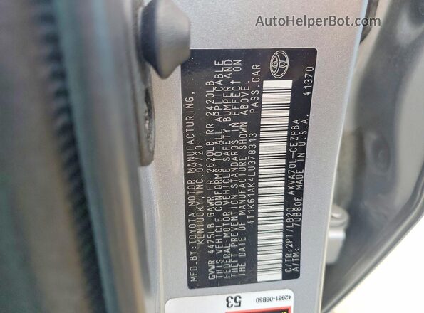 4T1K61AK4LU378313 2020 TOYOTA CAMRY Серебряный Вид наклейки с VIN-кодом