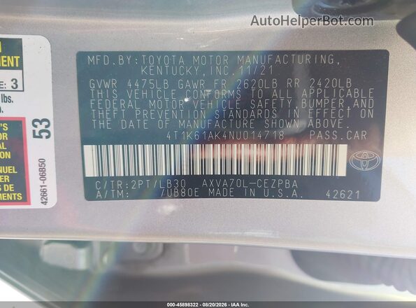 4T1K61AK4NU014718 2022 TOYOTA CAMRY Серебряный Вид подкапотного пространства
