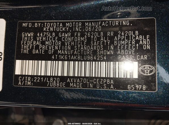 4T1K61AK8LU964254 2020 TOYOTA CAMRY Черный Вид подкапотного пространства