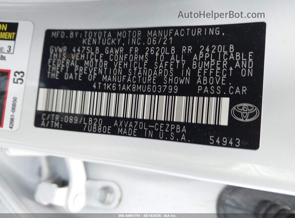 4T1K61AK8MU603799 2021 TOYOTA CAMRY White Շարժիչի բաժամունքի տեսք