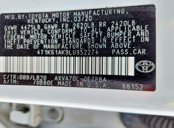 4T1K61AK9LU952274 2020 TOYOTA CAMRY White Շարժիչի բաժամունքի տեսք