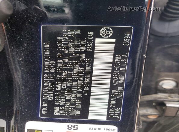 4T1K61BK4LU007795 2020 TOYOTA CAMRY Black VIN կոդի պիտակի տեսք
