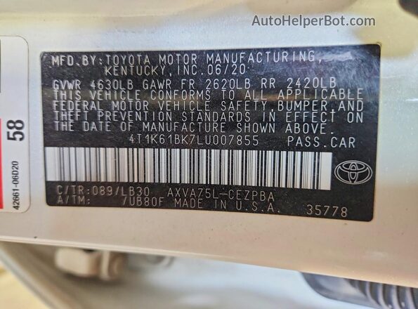4T1K61BK7LU007855 2020 TOYOTA CAMRY White Вид підкапотного простору