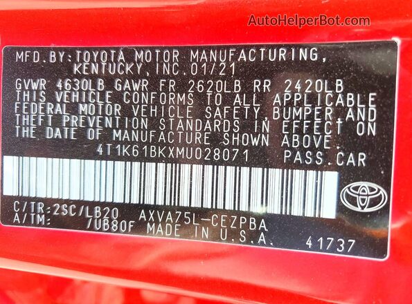 4T1K61BKXMU028071 2021 TOYOTA CAMRY Red Вид підкапотного простору