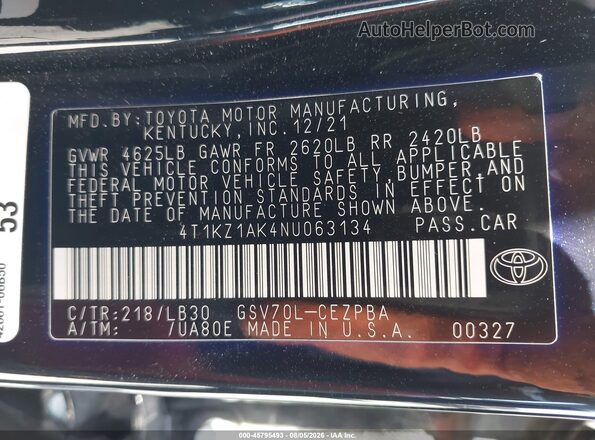 4T1KZ1AK4NU063134 2022 TOYOTA CAMRY Black Widok komory silnika