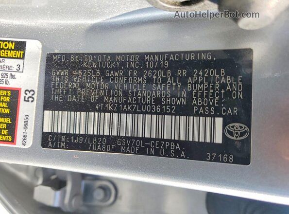 4T1KZ1AK7LU036152 2020 TOYOTA CAMRY Silver ძრავის განყოფილების ხედი