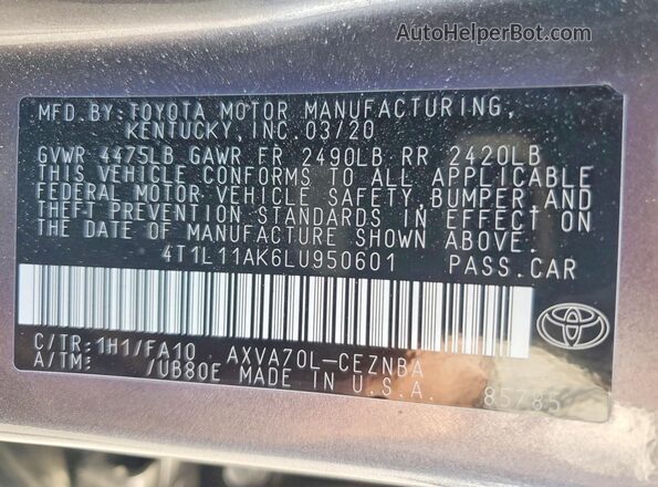 4T1L11AK6LU950601 2020 TOYOTA CAMRY Gray Вид підкапотного простору