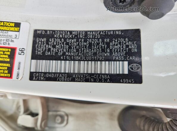 4T1L11BK3LU011792 2020 TOYOTA CAMRY White VIN კოდის სტიკერის ხედი
