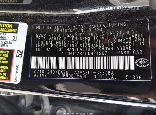 4T1M11AK4LU924907 2020 TOYOTA CAMRY Black ძრავის განყოფილების ხედი