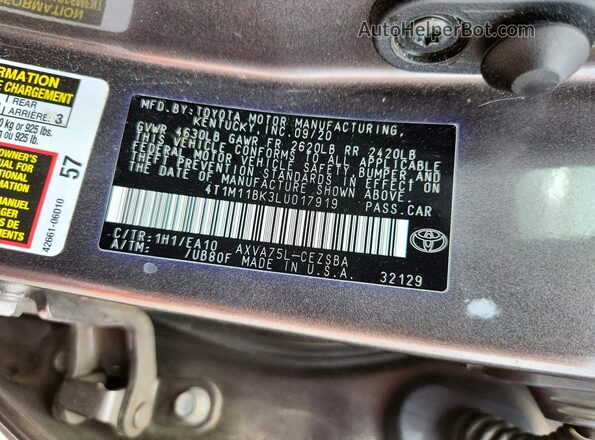 4T1M11BK3LU017919 2020 TOYOTA CAMRY Charcoal Շարժիչի բաժամունքի տեսք