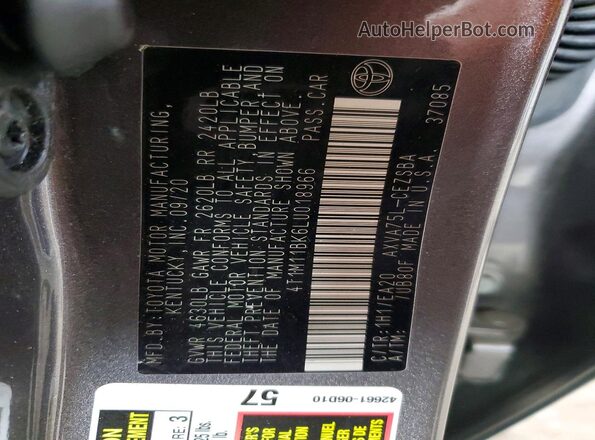 4T1M11BK6LU018966 2020 TOYOTA CAMRY Gray VIN კოდის სტიკერის ხედი