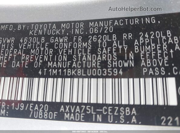 4T1M11BK8LU003594 2020 TOYOTA CAMRY Silver Շարժիչի բաժամունքի տեսք