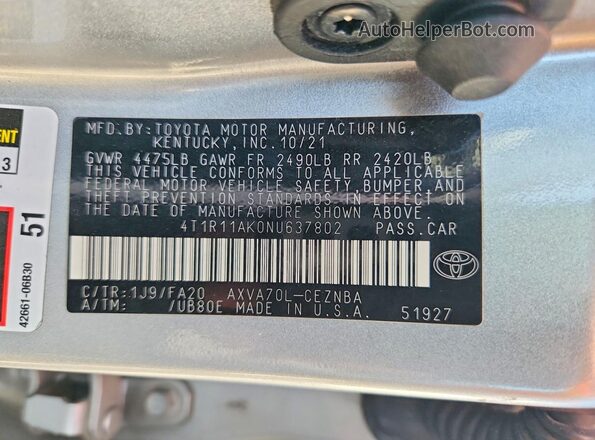 4T1R11AK0NU637802 2022 TOYOTA CAMRY Серебряный Вид подкапотного пространства