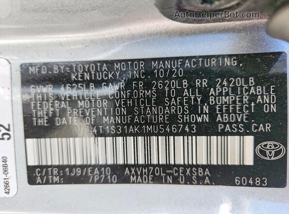 4T1S31AK1MU546743 2021 TOYOTA CAMRY Silver Vista de la etiqueta del VIN