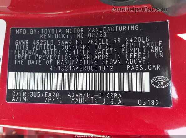 4T1S31AK3RU061012 2024 TOYOTA CAMRY HYBRID Red ძრავის განყოფილების ხედი