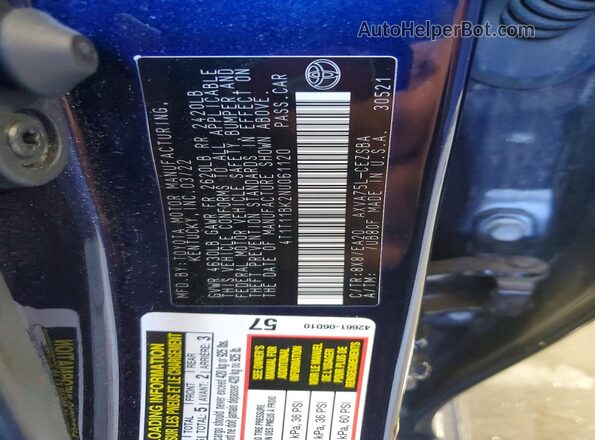 4T1T11BK2NU061120 2022 TOYOTA CAMRY Blue VIN կոդի պիտակի տեսք