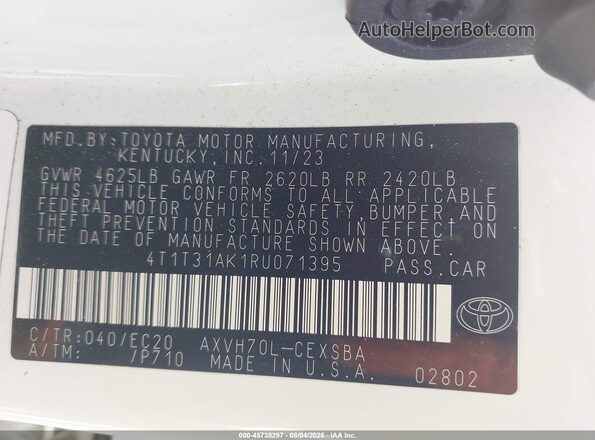 4T1T31AK1RU071395 2024 TOYOTA CAMRY HYBRID White Widok komory silnika