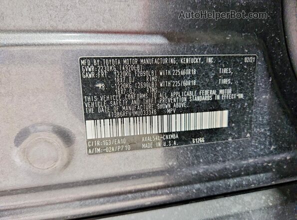4T3B6RFV1MU033346 2021 TOYOTA RAV4 Charcoal Vista de la etiqueta del VIN