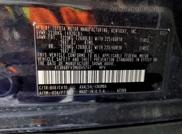 4T3B6RFV2MU045747 2021 TOYOTA RAV4 Blue VIN sticker view
