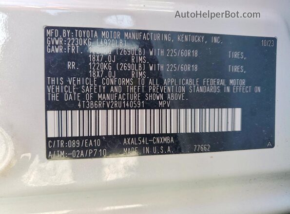4T3B6RFV2RU140591 2024 TOYOTA RAV4 White VIN კოდის სტიკერის ხედი