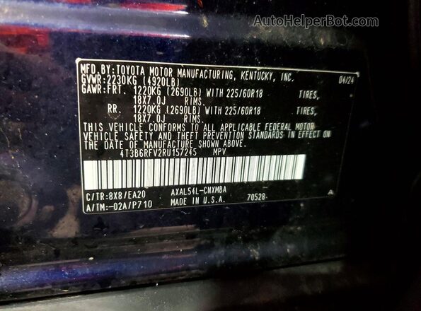4T3B6RFV2RU157245 2024 TOYOTA RAV4 Blue Widok naklejki z numerem VIN