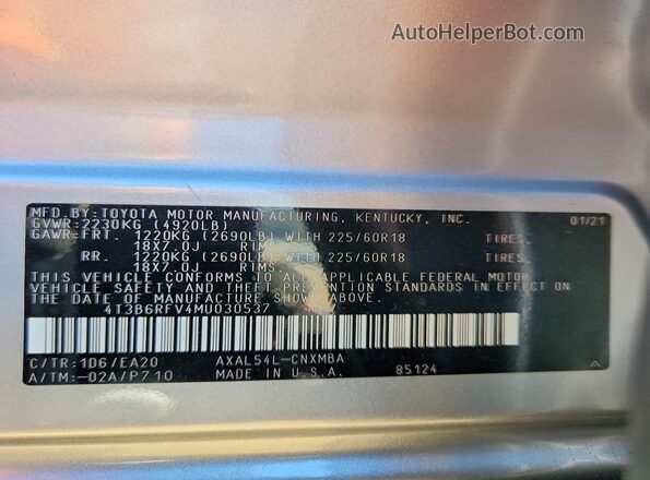 4T3B6RFV4MU030537 2021 TOYOTA RAV4 Silver სალონის 360-გრადუსიანი ხედი