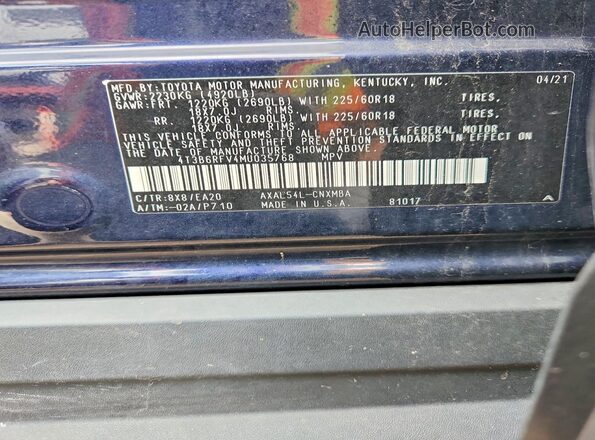 4T3B6RFV4MU035768 2021 TOYOTA RAV4 Blue Вид наклейки з VIN-кодом