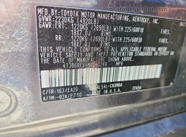 4T3B6RFV4MU040288 2021 TOYOTA RAV4 Gray Вид наклейки з VIN-кодом