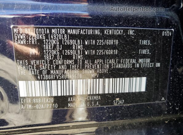 4T3B6RFV5RU149608 2024 TOYOTA RAV4 Синий Панорамный вид салона 360°