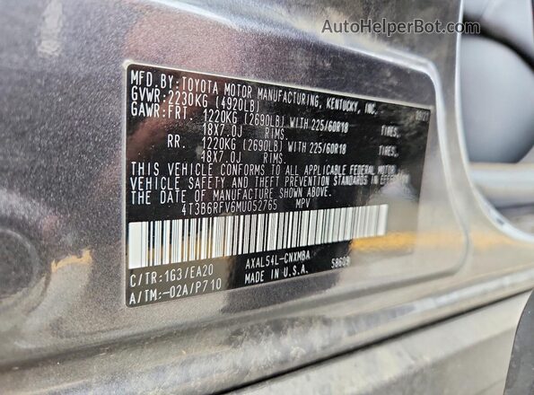 4T3B6RFV6MU052765 2021 TOYOTA RAV4 Gray VIN կոդի պիտակի տեսք