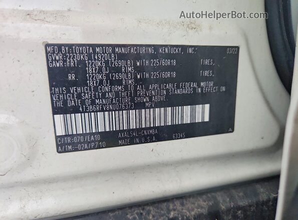 4T3B6RFV8NU076373 2022 TOYOTA RAV4 White VIN sticker view