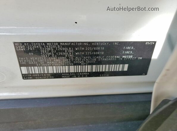 4T3B6RFV9RU162099 2024 TOYOTA RAV4 White Vista de la etiqueta del VIN